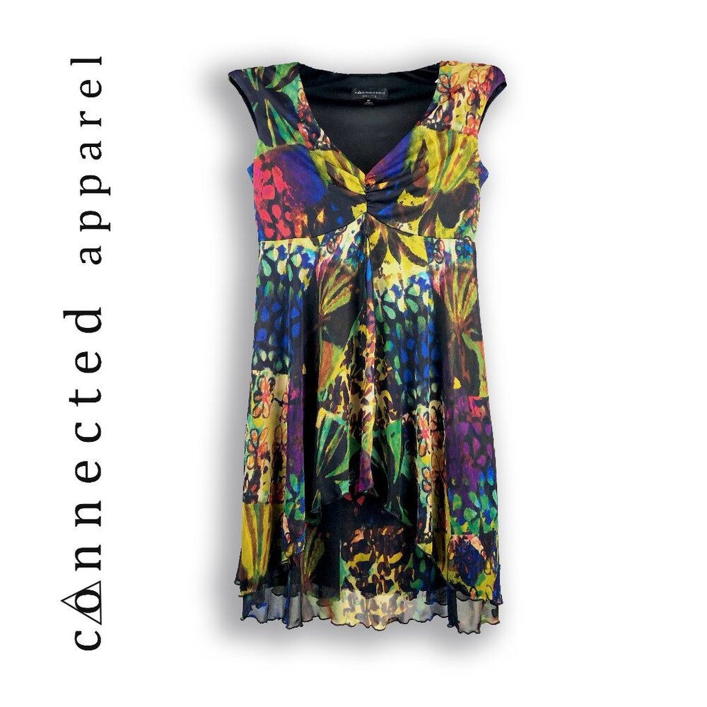 V neck cap sleeve cinch empire bust drop pleats semi sheer layered petite dress - Picture 3 of 8